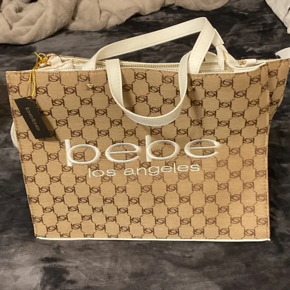 Bebe Beige and White Logo Tote - Picture 3 of 4